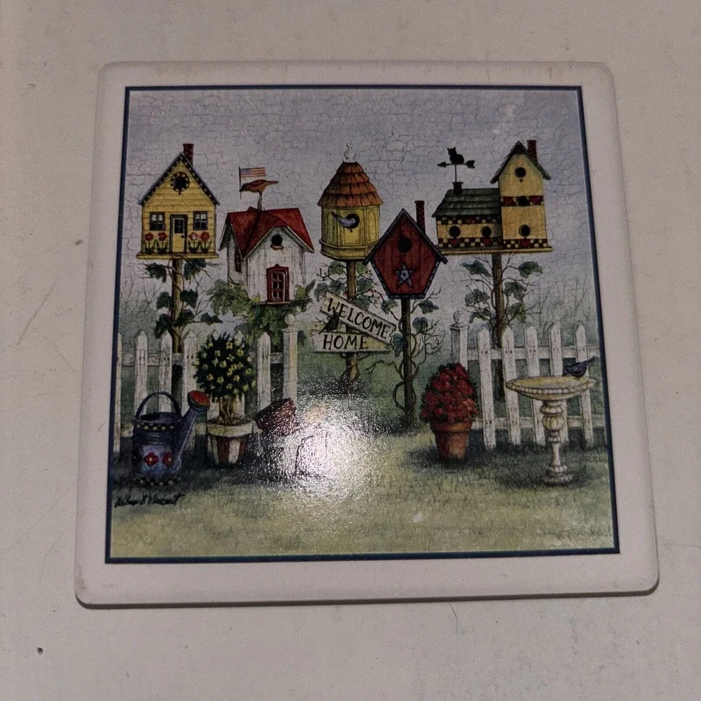 Birdhouse Coaster Set, Absorba Stone, Cork‎ backed Bisque Tile, Set Of 4, Box EC